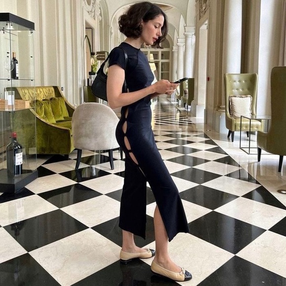 Two Toned Ballet Flats Tan w/ Black Toe and Black Cord Bow size 7 NWOT - Picture 10 of 13